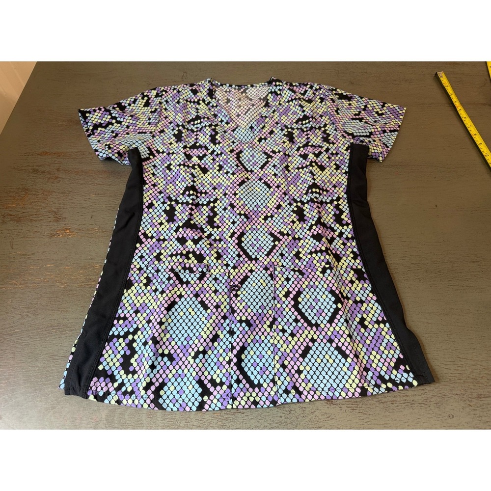 Divine Stretch by Joy Scrub Top Womens Small Purple Blue Snakeskin Print V-Neck